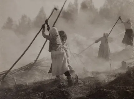 En svartvit bild på kvinnor som håller på med svedjebruk, de håller långa stavar i händerna, röken ligger tät.