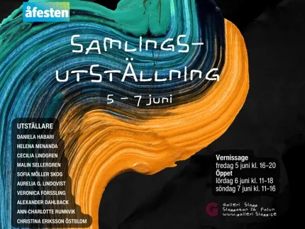 Affisch, svart bakgrund, mönster i orangeblått och grönt, vit text om utställningen.