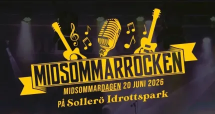 Mörk bakgrund, animerade gitarrer och mikrofoner i gult, Midsommarrocken samt text om evenemanget.