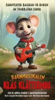 Affisch, en animerad mus iklädd gröna kläder och en keps han håller i en gitarr, text om evenemanget.