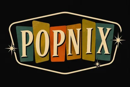 Svart bakgrund, Popnix med ljusa bokstäver, olika färger bakom varje bokstav, namnet inringat och två stjärnor.