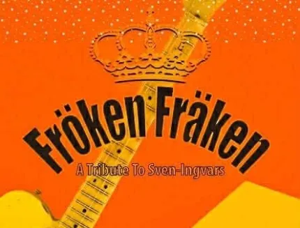 Orange bakgrunden guldkrona och en gitarr, Fröken Fräken ed svarta bokstäver.