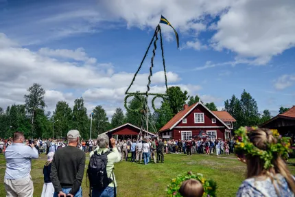 En midsommarstång som reses, besökare som tittar på, rött hus och träd i bakgrunden.