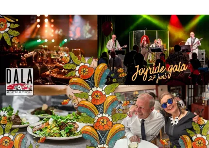En kurbits i mitten, fyra småbilder på mat, besökare ett band som uppträder samt en scen, logga Dala sportbilsfestival.