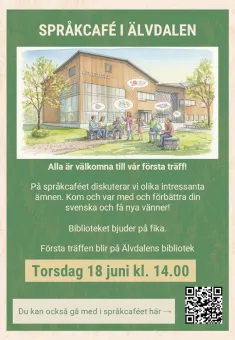Affisch med illustration av människor som samtalar utanför ett bibliotek, samt text om språkcafé och en QR-kod.