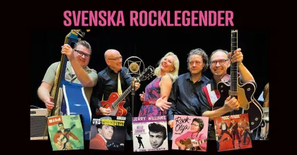 Grupp musiker med kontrabas och elgitarrer framför mikrofon, med skivomslag längst ned och texten ”SVENSKA ROCKLEGENDER”..