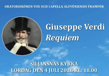Blå affisch med texten “Giuseppe Verdi Requiem” och en rund bild av en person i hög hatt till vänster.
