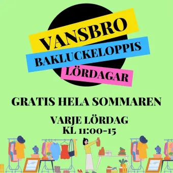 Affisch med text om Vansbro bakluckeloppis på lördagar, färgband över svart cirkel och loppisillustrationer..