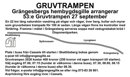 Svartvit affisch om vandringen Gruvtrampen med text, ruttlinje mellan platser och information om buss och pris..