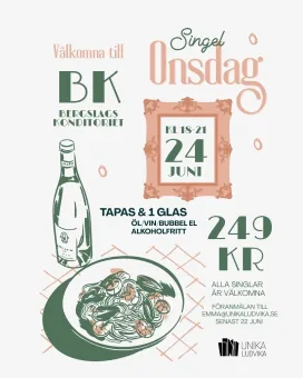 Illustrerad affisch på svenska för Singelonsdag med datum, pris, flaska och tallrik med mat på ljus bakgrund..
