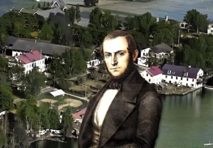 En målning av en man i kostym är inlagd över en flygbild av hus, träd och strand vid en sjö..