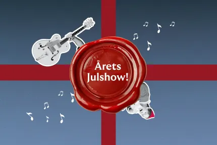 Grafik med rött lacksigill med texten ”Årets Julshow!” på blå bakgrund med röda band, gitarr och noter..