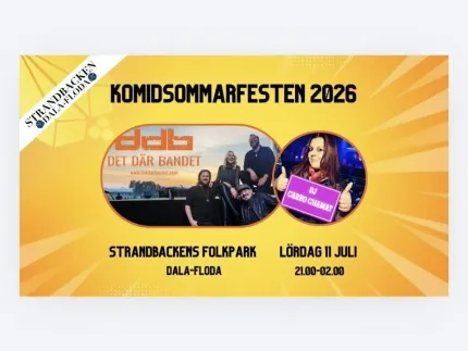 Gul evenemangsaffisch med rubriken Komidsommarfesten 2026, bandfoto, DJ-bild och plats samt datum och tid..