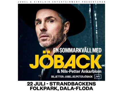 Konsertaffisch med en man i svart hatt mot mörk bakgrund och stor gul text samt datum och plats längst ned..