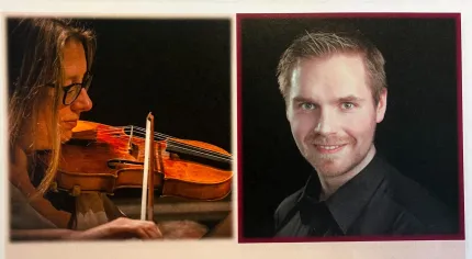 Två bilder sida vid sida: en person spelar violin till vänster och ett studioporträtt av en person till höger..