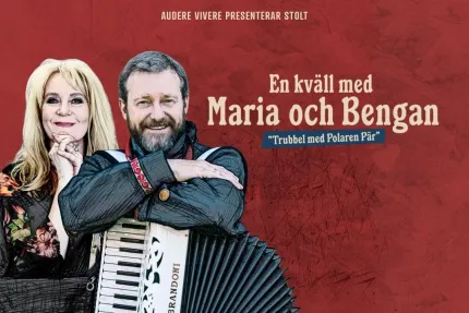 Illustrerad affisch med två personer, varav en håller ett dragspel, mot röd bakgrund med svensk text..