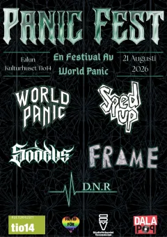 Mörk festivalaffisch med texten "Panic Fest" samt bandnamn som World Panic, Speed Up och Frame..