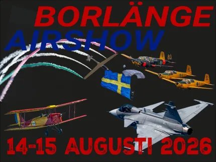 Mörk affisch med flygplan, segelflyg och fallskärm med svensk flagga samt texten Borlänge Airshow och datum..