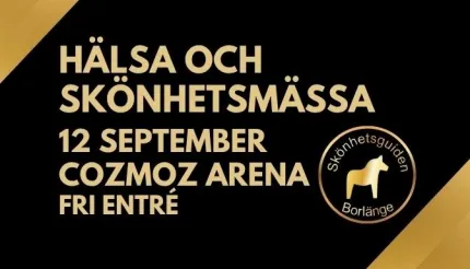 Svart affisch med guldfärgade diagonaler, stor text om hälso- och skönhetsmässa och rund logotyp till höger..