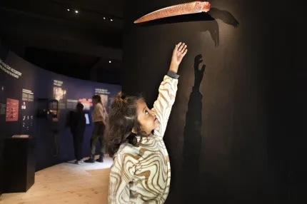 Ett barn i mönstrad jacka sträcker upp handen mot ett föremål på en mörk vägg i en museisal..