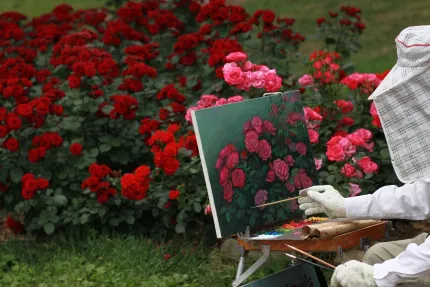 En person målar en rosbild på staffli i en trädgård med röda och rosa rosbuskar i bakgrunden..