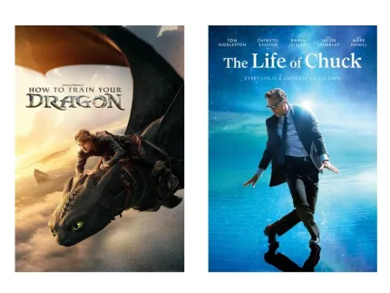 Två filmaffischer bredvid varandra: en med en pojke på en drake i himlen och en med en man i kostym på blå bakgrund..