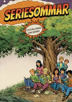 Tecknad affisch med stor text ”SERIESOMMAR” och ungdomar som sitter vid ett träd och läser serier..