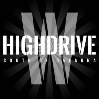 Svartvit logotyp med ordet "HIGHDRIVE" över en stor bokstav W och strålmönster; texten "SOUTH OF DALARNA"..