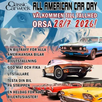Affisch för bilträff med texten “All American Car Day” och datum, samt flera klassiska amerikanska bilar..