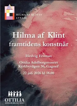 Affisch med rosa och mörk akvarellbakgrund samt text om Hilma af Klint och evenemangsinfo..