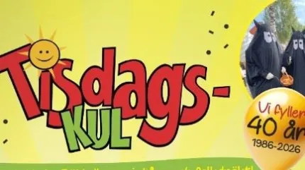 Tecknad banner med texten "Tisdag kul" på gul bakgrund samt runt foto av två personer och ballong..