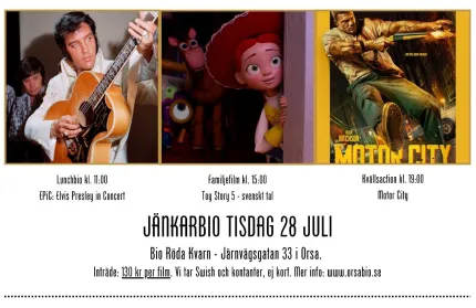 Affisch med tre filmbilder och information om visningstider för Elvis-konsert, Toy Story och Motor City..