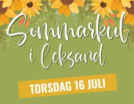 Illustrerad affisch med solrosor och grön bakgrund med texten ”Sommarkul i Leksand” samt ”Torsdag 16 juli”..