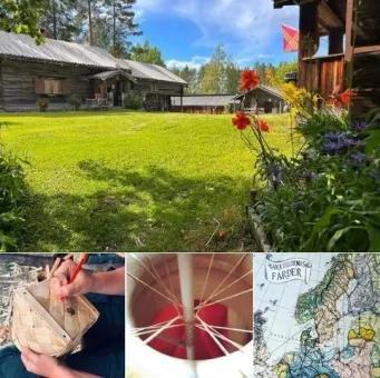 Solig vy över en grön gräsmatta med gamla träbyggnader, blomrabatt i förgrunden och blå himmel..