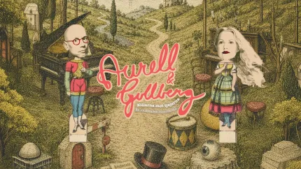 Illustrerad affisch med två figurer med fotohuvuden bland piano, trumma och landskap samt texten ”Aurell & Gully”..