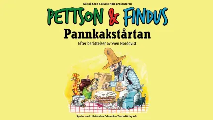 Illustrerad affisch med Pettson och Findus som dekorerar en pannkakstårta på ett dukat bord mot gul bakgrund..
