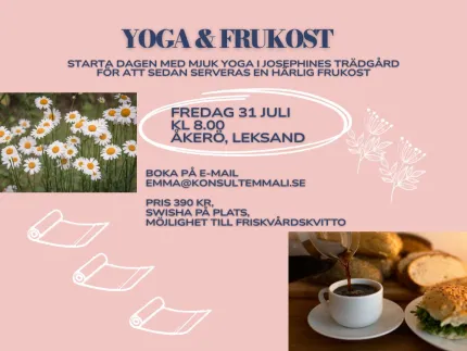 Rosa affisch med text om Yoga & Frukost, foton av prästkragar samt kaffe som hälls i kopp med bröd..