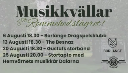 Affisch med rubriken “Musikkvällar på Rommehedslägret!” och en lista med speldatum i augusti samt logotyper..