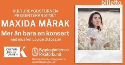 Orange konsertannons med stor text och foto av en kvinna i ett ljust sädesfält till höger..