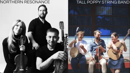 Delad bild med två band: vänster svartvitt trio med fiol och gitarr, höger färgfoto trio med banjo, fiol och akustisk gitarr..