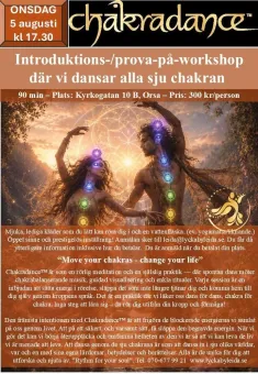 Affisch för Chakradance med datum och tid samt bild av två dansare i solnedgång med glödande chakrasymboler..