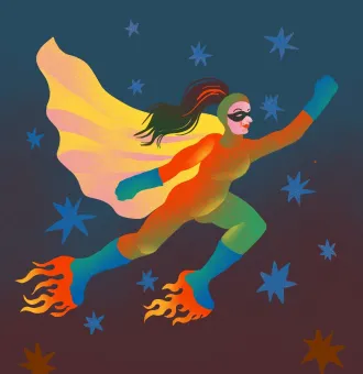 Färgglad illustration av en maskerad superhjälte som flyger med cape i en mörk himmel med stjärnor..
