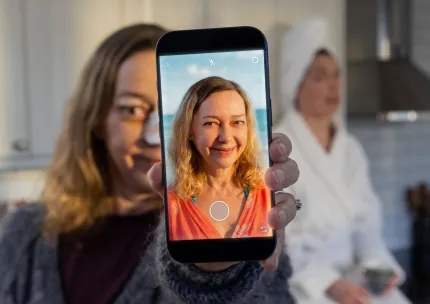 En kvinna håller upp en smartphone som visar ett leende porträtt, med suddig inomhusmiljö och person i bakgrunden..