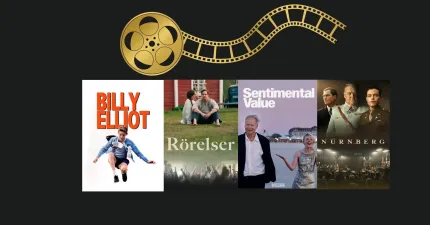 Grafik med gyllene filmrulle överst och en rad med fyra filmposters på mörk bakgrund..