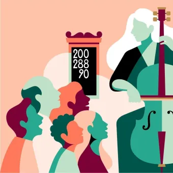 Förenklad illustration av en musiker som spelar stråkinstrument bredvid en publik i profil och en tavla med siffror.
