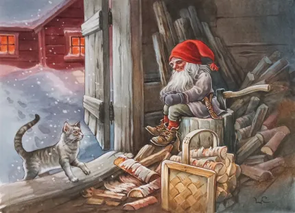 Illustration av en tomte som sitter på vedtrave i en vedbod medan en grå katt står vid dörren i snöfall..
