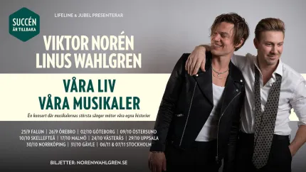 Konsertaffisch med två män som står bredvid varandra; stor text med namn och rubriken “Våra liv, våra musikaler”..