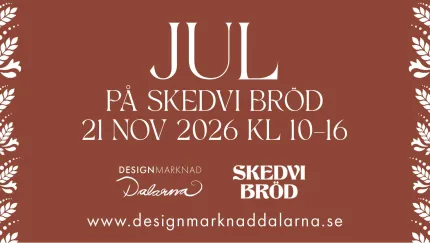 Brun affisch med vit text: ”JUL PÅ SKEDVI BRÖD” samt datum och tid, med dekorativa bladkanter..