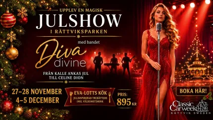 Julshow-affisch med kvinna i röd klänning vid mikrofon, band i siluett, julkulor, granris och scenljus..