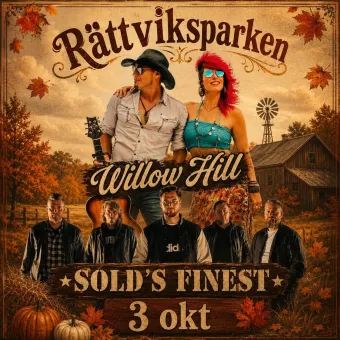 Illustrerad konsertposter med två personer i centrum, gitarr, höstlöv, lantgård och texten ”Willow Hill”..